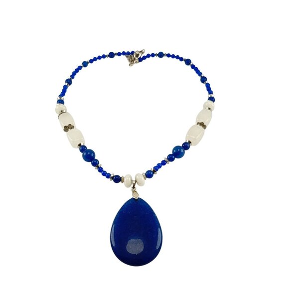 Blue Beaded Necklace with Large Teardrop Pendant and White Accent Beads - Picture 4 of 5